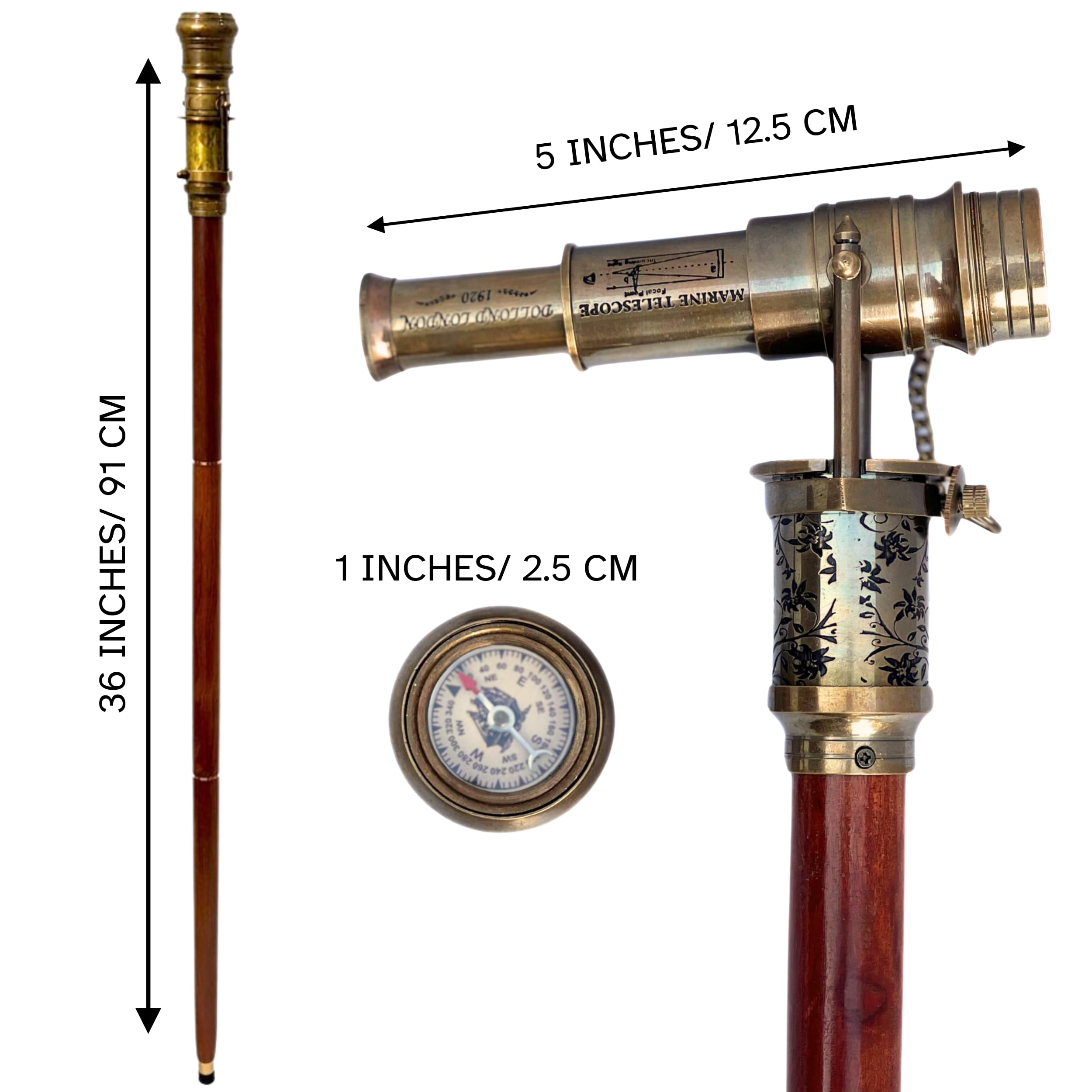 Canne De Marche En Bois Style Antique – Poignée Télescope En Laiton – Fabriqué Main Inde