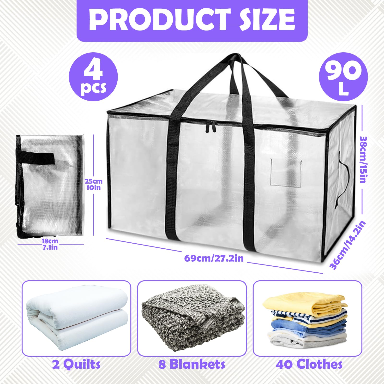 4 Piezas 90L Grande Bolsas Mudanza, Resistentes Bolsas Almacenaje Ropa con Correas Cremalleras y Asas, Alternativa a las Cajas de Mudanza, Impermeable Storage Bags para Guardar y Embalar