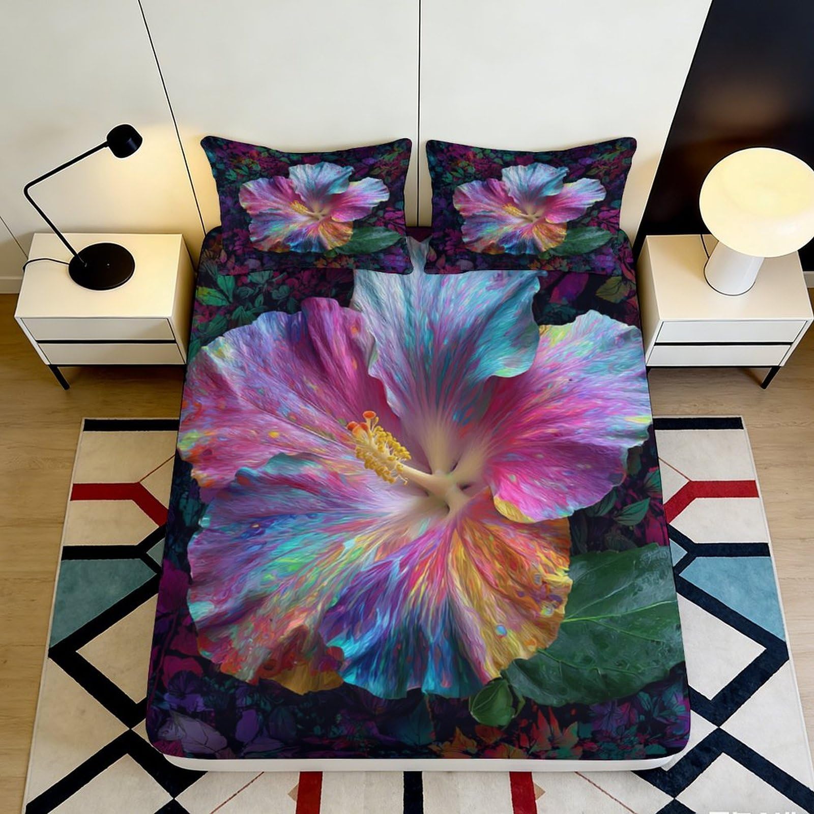 3D Printed Multicolor Hibiscus Fitted Sheet Microfiber Soft Breathable Floral Mattress Cover for Bedroom Dormitory Guest Room Protection Decor 160x200x25cm
