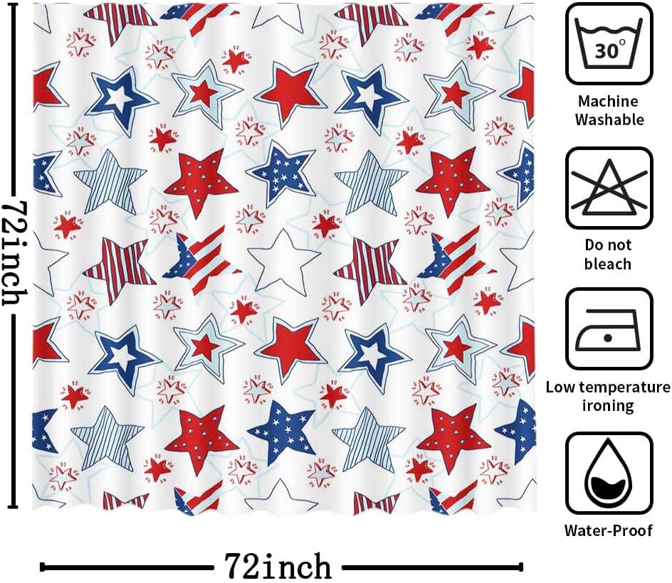 MEHOFOND 4th of July Shower Curtain Independence Day American Red White and Blue Stars Bathroom Curtain President's Day Patriot Home Bathtub Decor Fabric Waterproof Bath Curtain 72x72 Inch