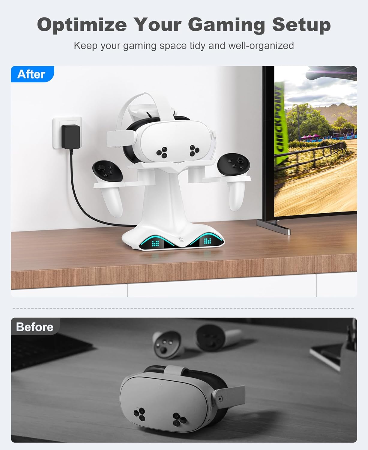 Charging Dock for Meta Quest 3/3S/2 - VR Headset Fast Charging Station Controller Display Stand, VR Accessories for Meta with 4×1100mAh Controller Batteries & LED Light