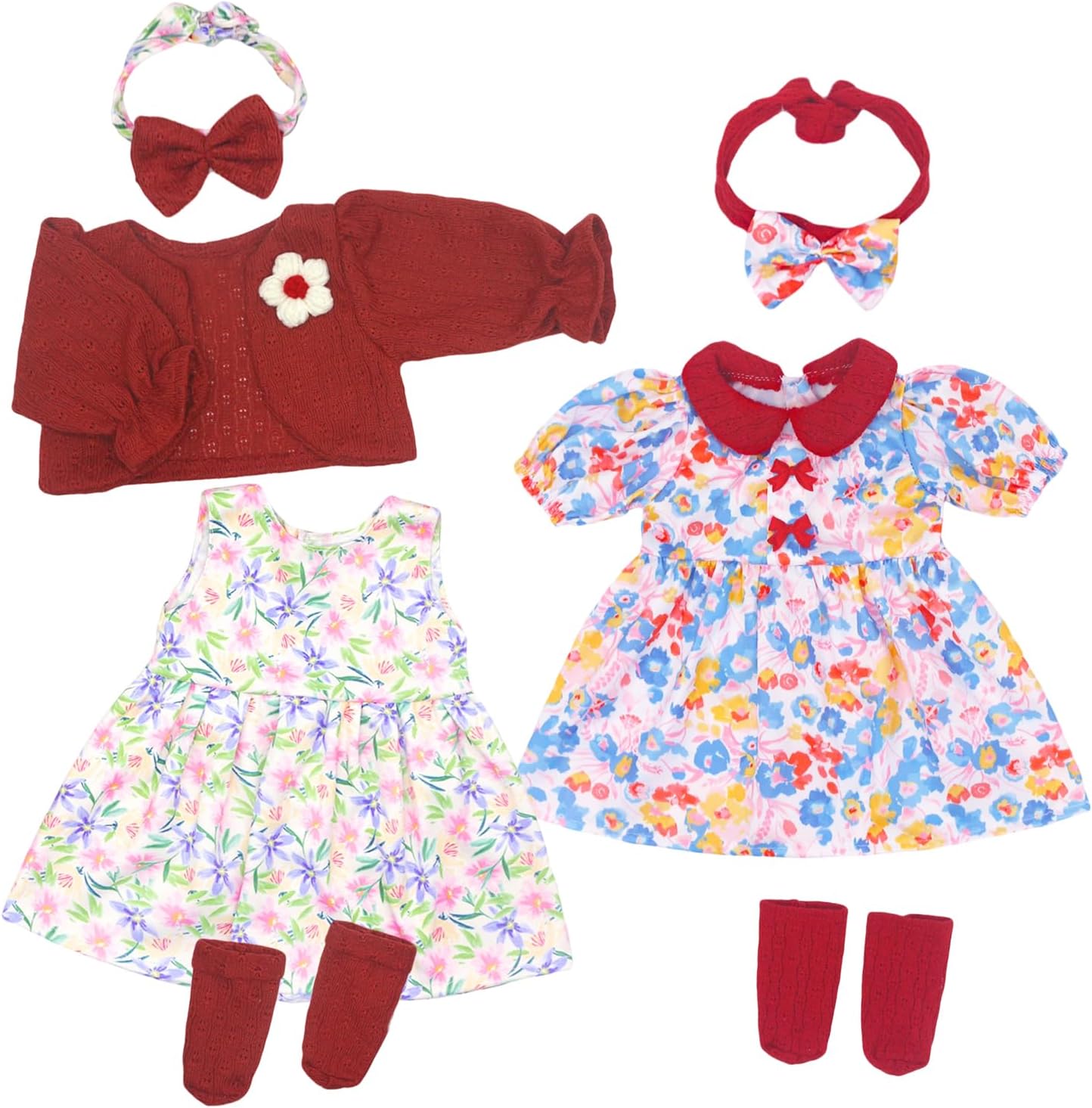 Ecore Fun 2 Set Baby Doll Clothes for 20- 22 Inch Dolls, 7 Pcs 20 Inch Dolls Clothes Accessories Dress Outfits Include Skirts, Socks, Headbands (No Doll)