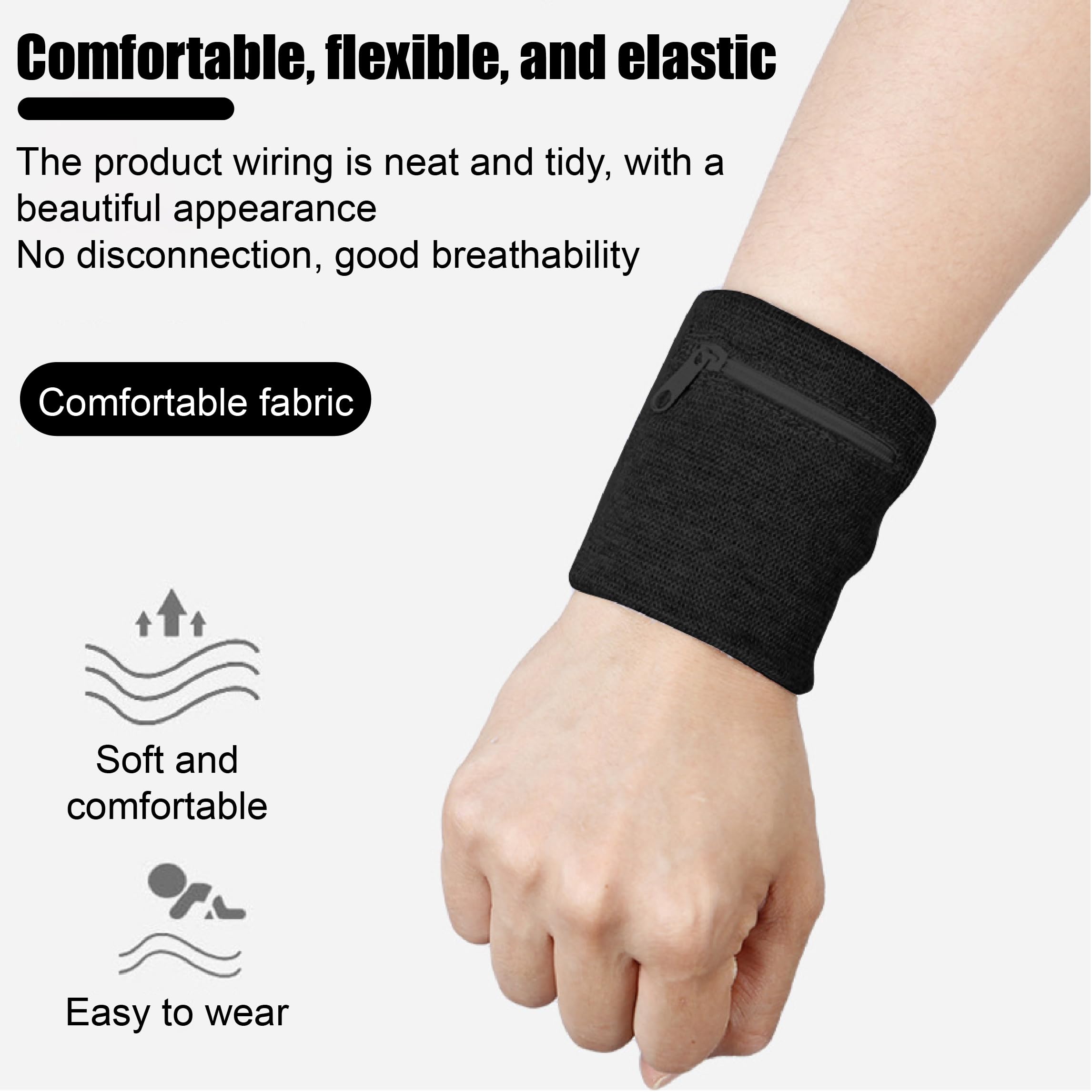 2 Polsini Portafoglio Con Zip Assorbisudore - Bracciale Sportivo Per Chiavi E Carte, Nero