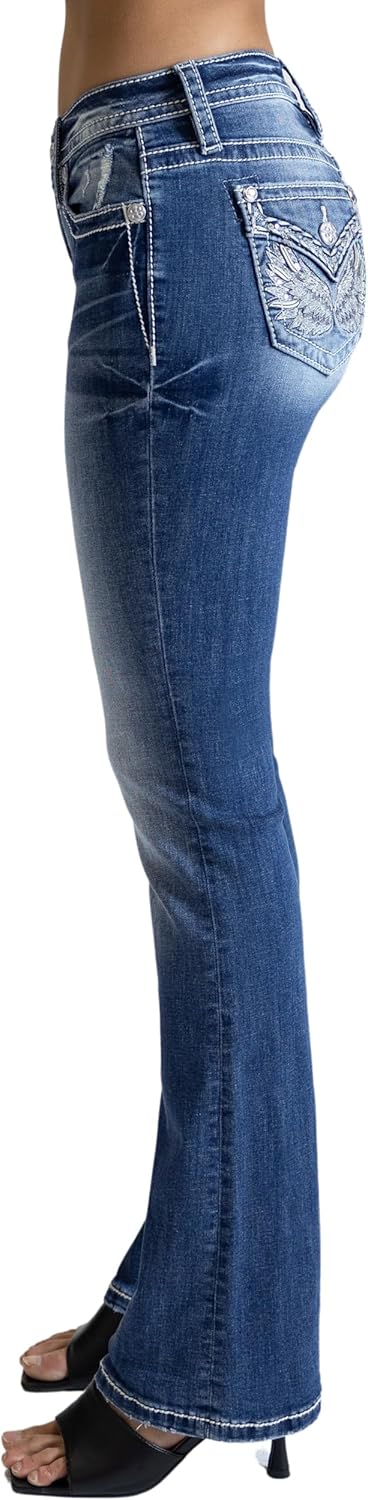 Miss Me Women's Stoned Wings Faux Flap Pocket Mid-Rise Bootcut Jeans