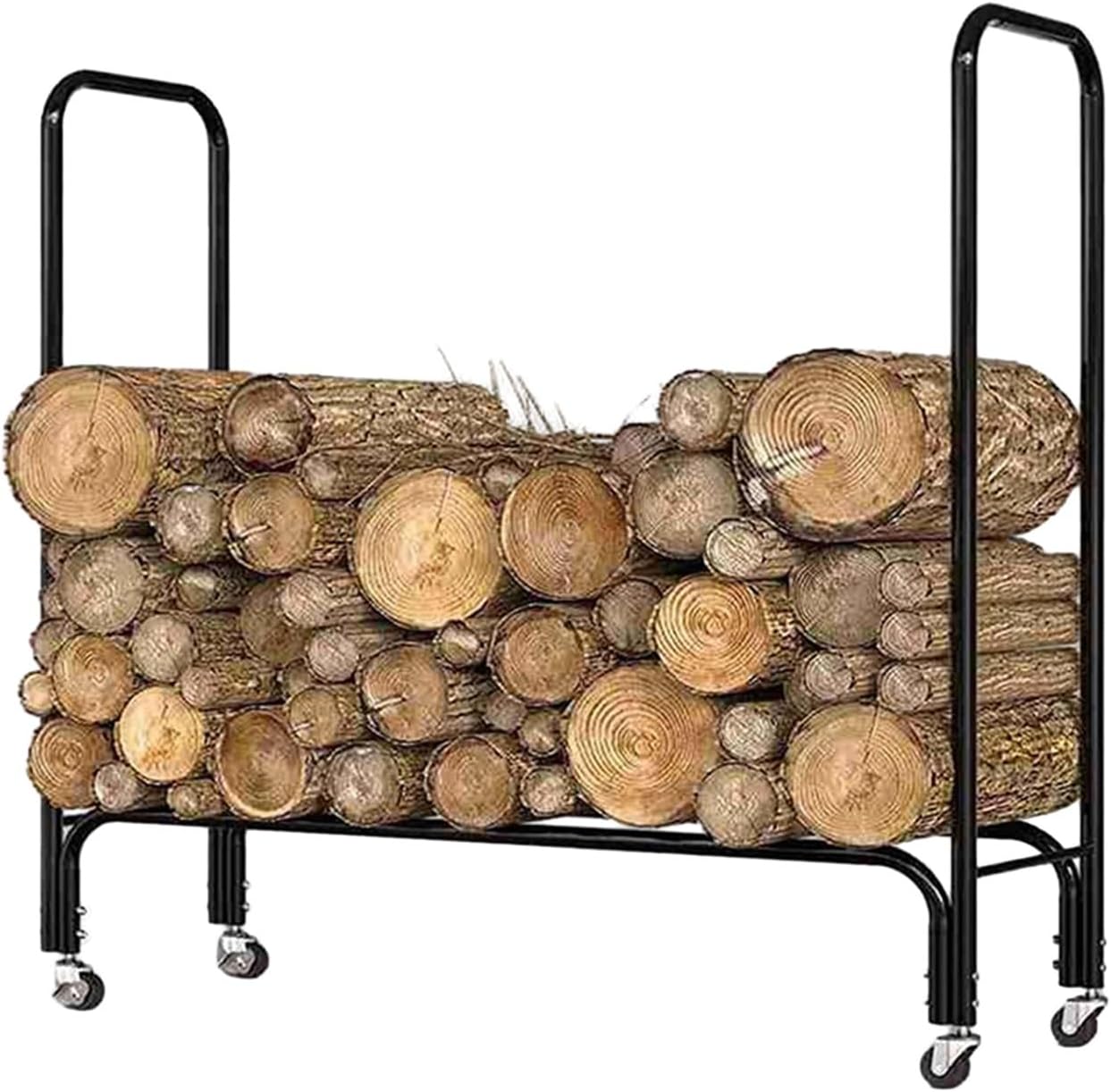 Metal Log Carrier with Wheels, Fire Wood Holder for Indoor Outdoor Storage Log, Patio Deck Heavy Duty Wood Pile Stacking Rack, Easy to Install