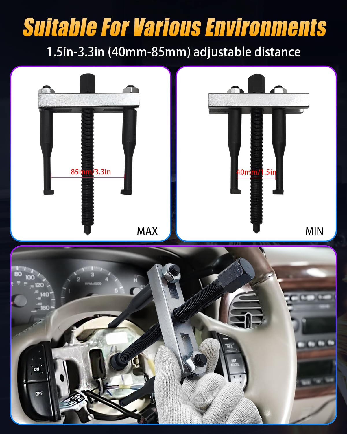 Juego de extractor de volante, kit de herramientas de extracción de volante de coche para diferentes vehículos, distancia ajustable de 1.5 a 3.3 pulgadas