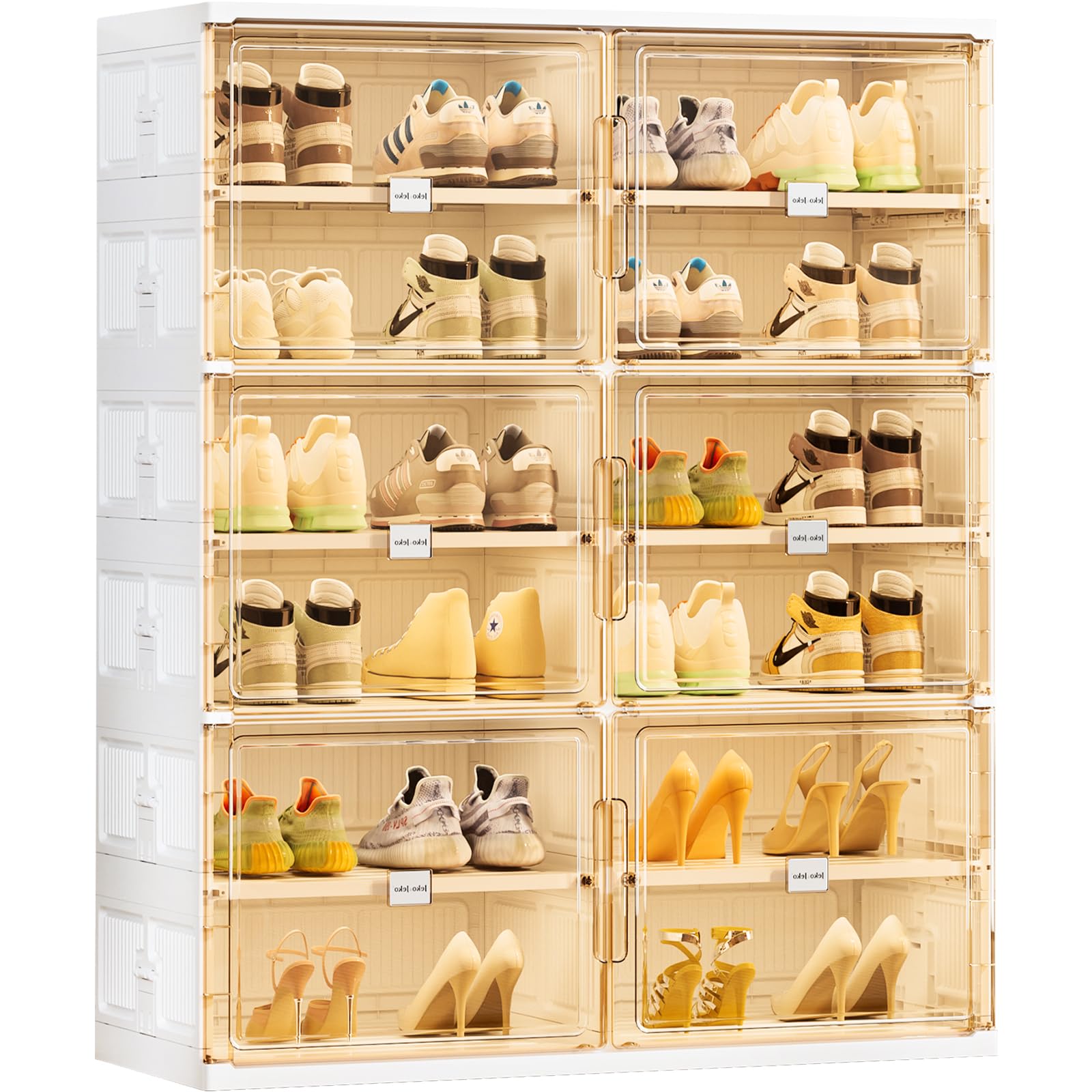 JEKO&amp;JEKO 6-Tier Foldable Shoe Storage Box with Magnetic Doors, Large Stackable Shoe Organizer Cabinet for Entryway, Clear Front Door Shoe Boxes Hold Up to 24 Pairs (White)