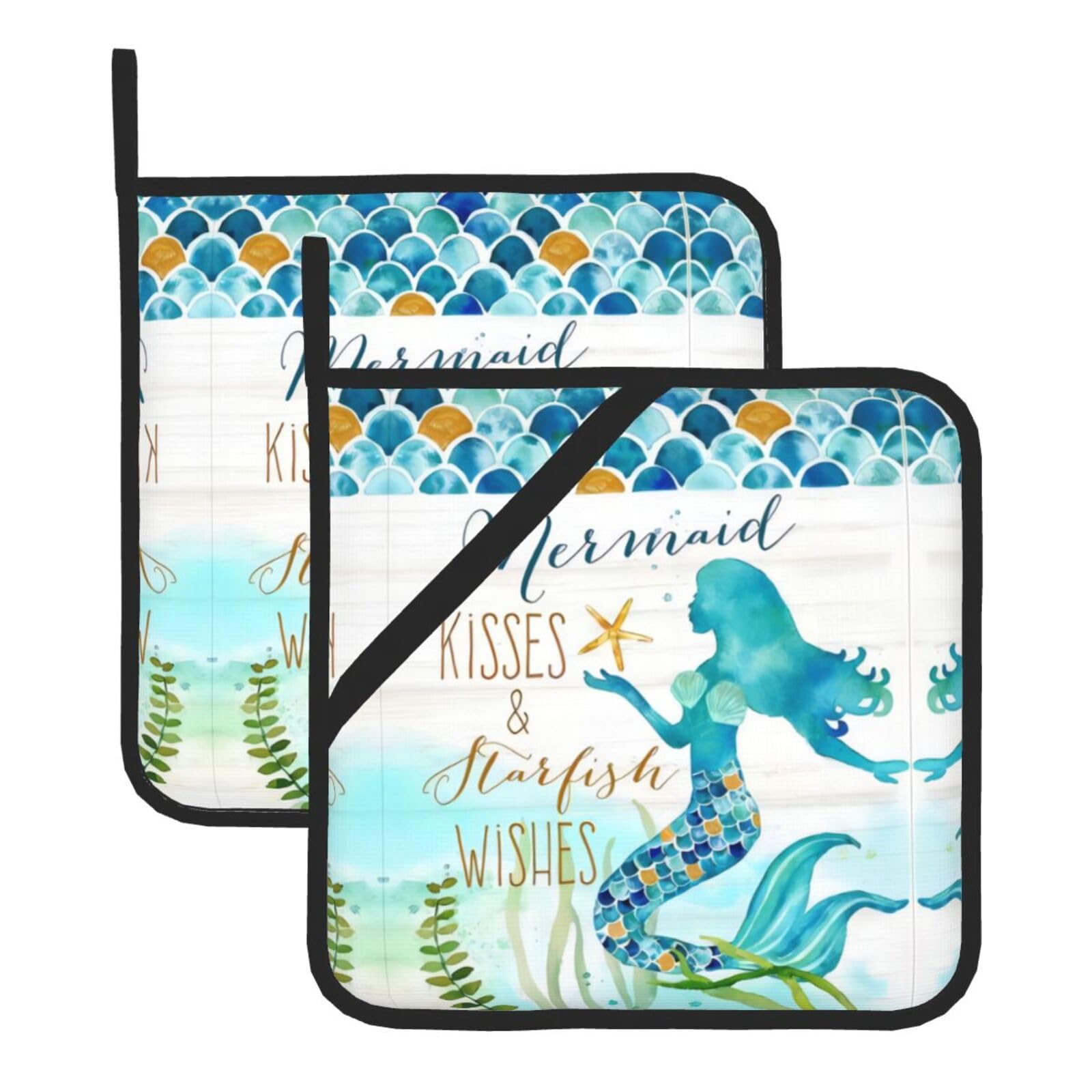 YYHHAOFA Mermaid Prints Square Hot Pads for Kitchen Counter - Waterproof Pot Covers with Hanging Loop - Thick Heat Resistant Trivets for Microwave & Oven (2-Pack)