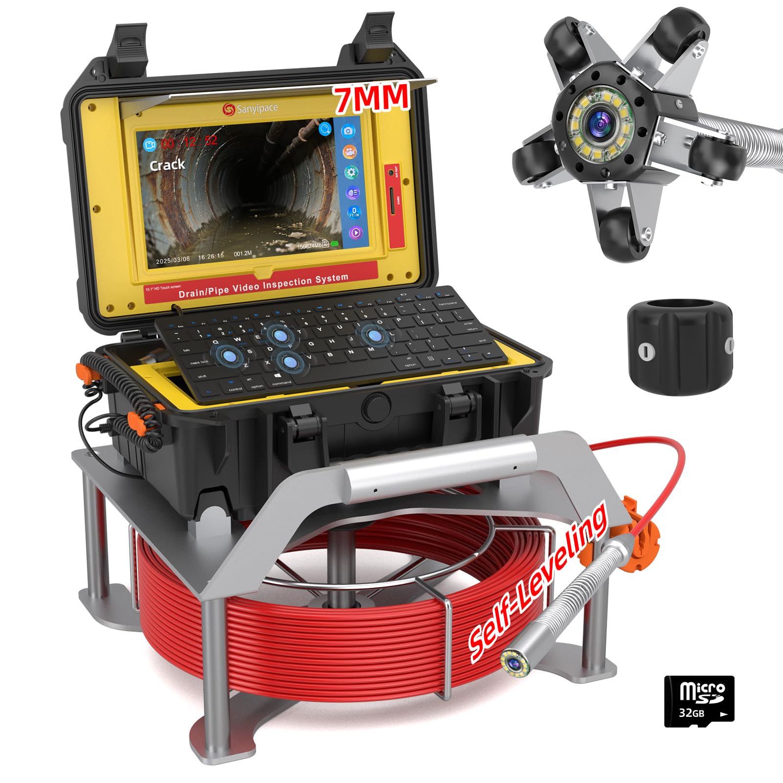 Sanyipace Sewer Camera with 512Hz Sonde, Self-Leveling Drain Pipe Camera 165FT/50M, 10.1" Touch Screen, 7mm Thick Cable, Mic & DVR Recorder, 1080P, Plumbing Snake Camera for Duct, Sewer Line, Plumber