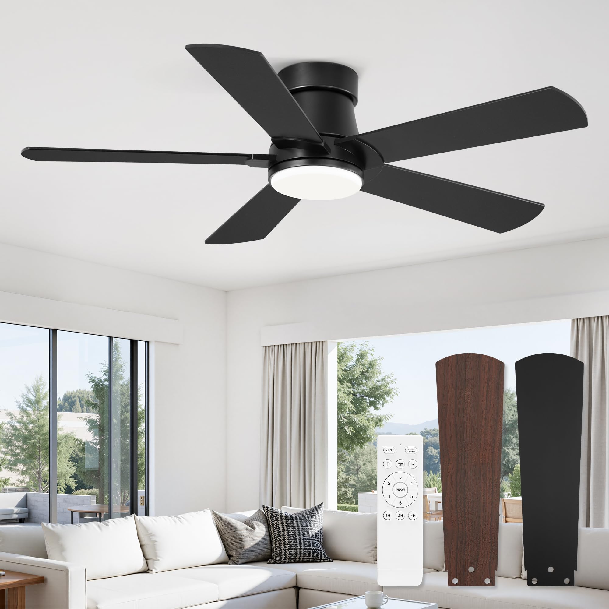 Fanbulous - Ceiling fans with lights and remote control, 42-inch low profile ceiling fan, modern white ceiling fan with LED light for indoor and outdoor bedroom, 5