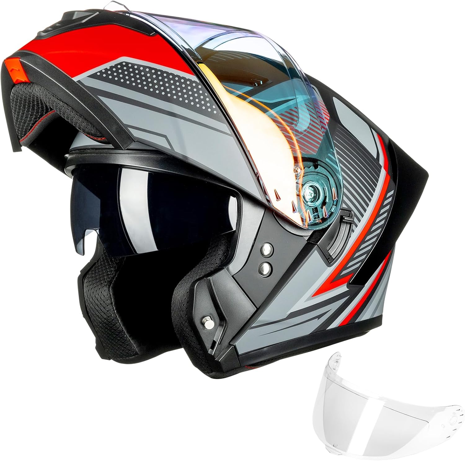 ILM Modular Motorcycle Helmet for Adults Full Face Flip up Riding with Dual Visor Street Bike Racing DOT Model MM966 (Black Red, M)