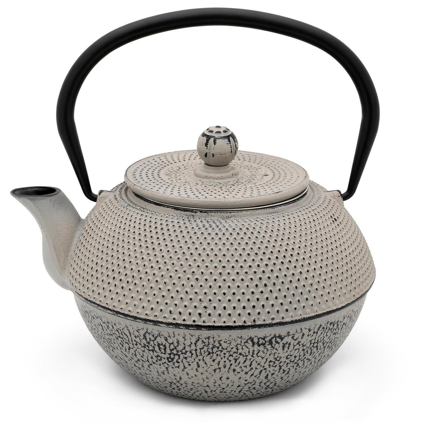 Bredemeijer Asia Teekanne Gusseisen Set 1.1 Liter - grauer Teekessel & Edelstahl-Filter-Einsatz für losen Tee & Teebecher (4 Tassen) & Stövchen (Teelicht)