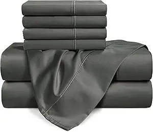 Casa Platino 100% Egyptian Cotton Sheets King Size Set - 6 Pcs (1 Flat, 1 Fitted, 4 Pillowcases)- Ultra Smooth Sateen Weave Bed Sheets Set with 15" Deep Pockets - Dark Grey