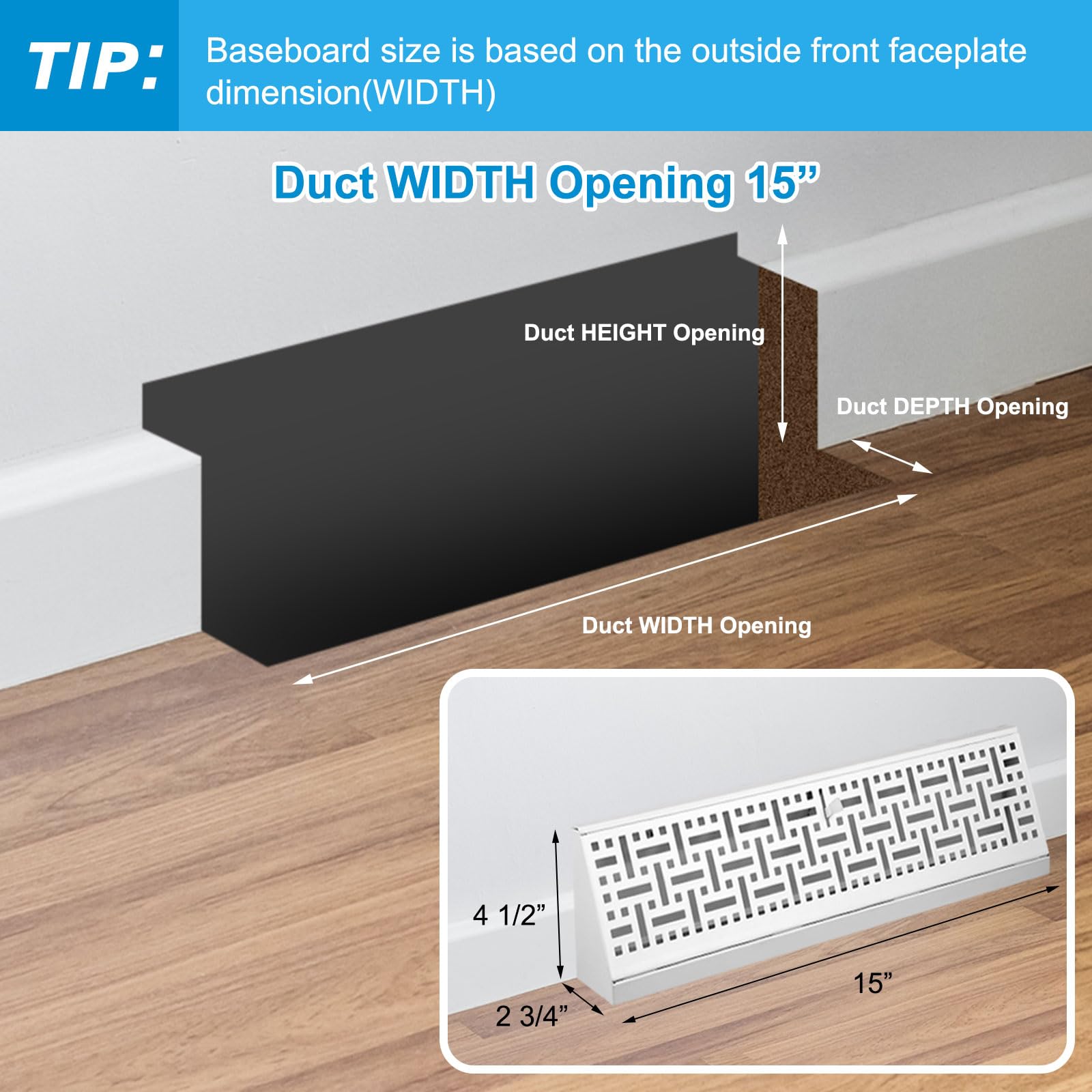 Landhoow 4 Pcs 15 Inch Baseboard Diffuser Register (Duct Opening Size), Vent Covers for Home Floor Wall Baseboard Vent Covers Supply Floor Baseboard Diffuser