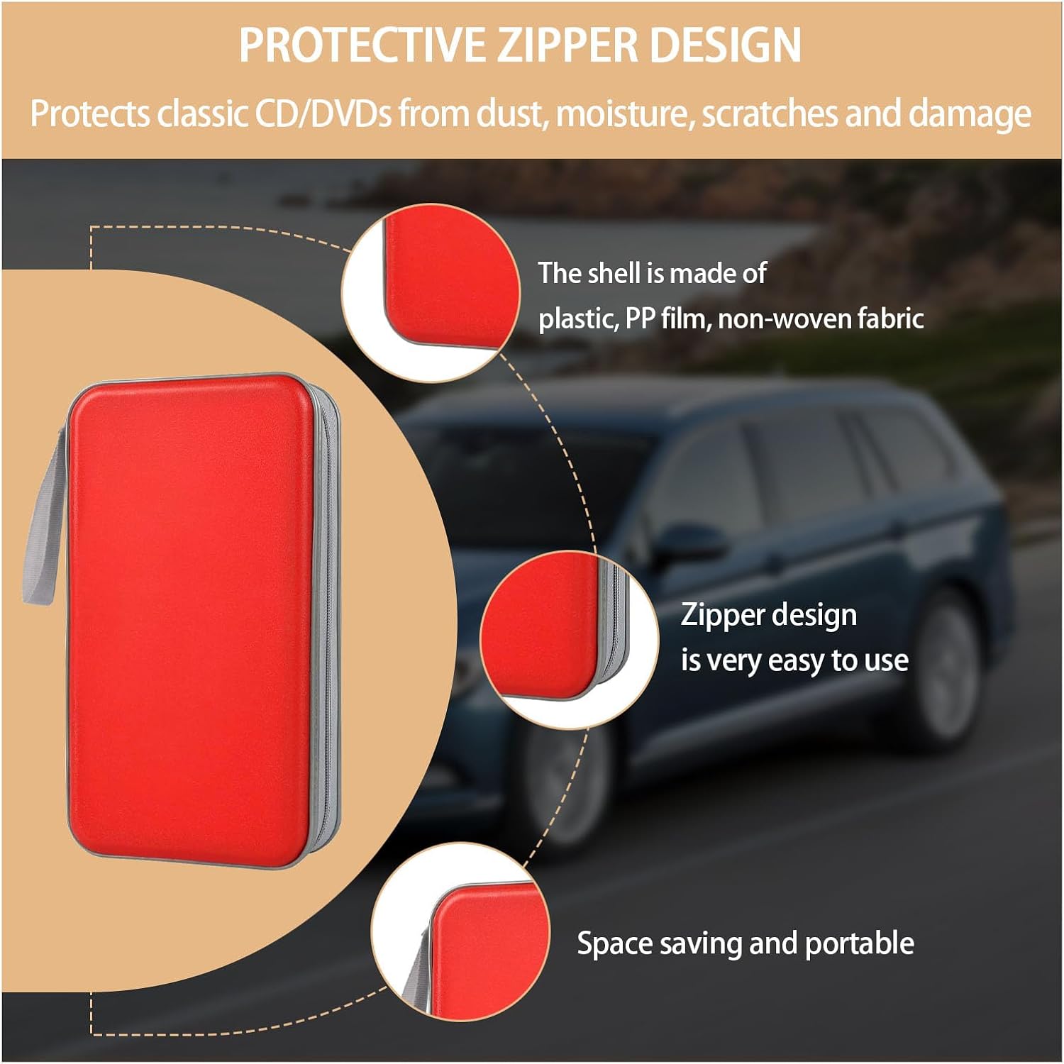 Augeny Car CD Case Holder, 80 Capacity Plastic CD Disc Storage Holder DVD Storage Wallet, Portable Zippered Vehicle CD Case Holder Organizer for Home, Car, Office, Travel (Red) image 3