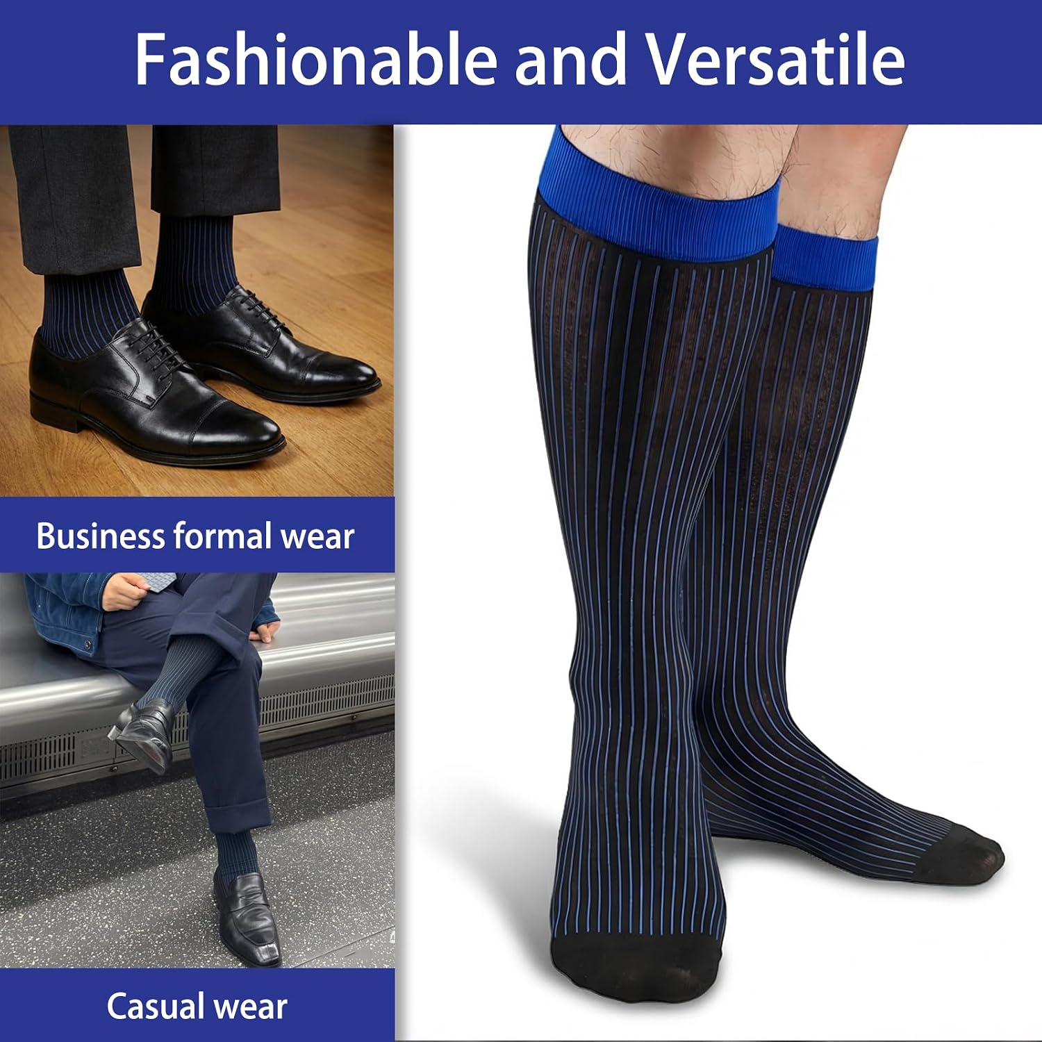 3 Pack Nylon Striped Dress Socks for Men Over the Calf Ultra Thin Dress Socks Daily Casual Business Stockings