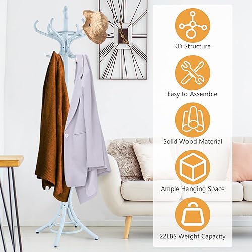 Miniatura 10 de GOFLAME Perchero independiente de 73 pulgadas, árbol de madera con 12 ganchos y soporte para paraguas, árbol de entrada, organizador para colgar