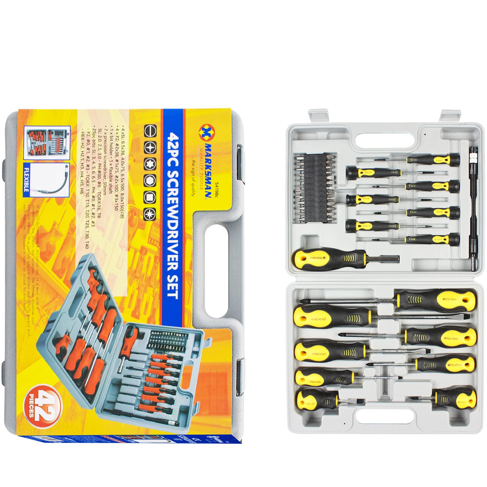 42 Pcs Marksman Screwdriver & BIT Set + CASE | TORX | Phillips | Precision | Slotted | Flat | POZI | Star | Cross | FLEXIABLE | DIY | KIT | Vehicle Repair | Hand Tools | UK Free P&P