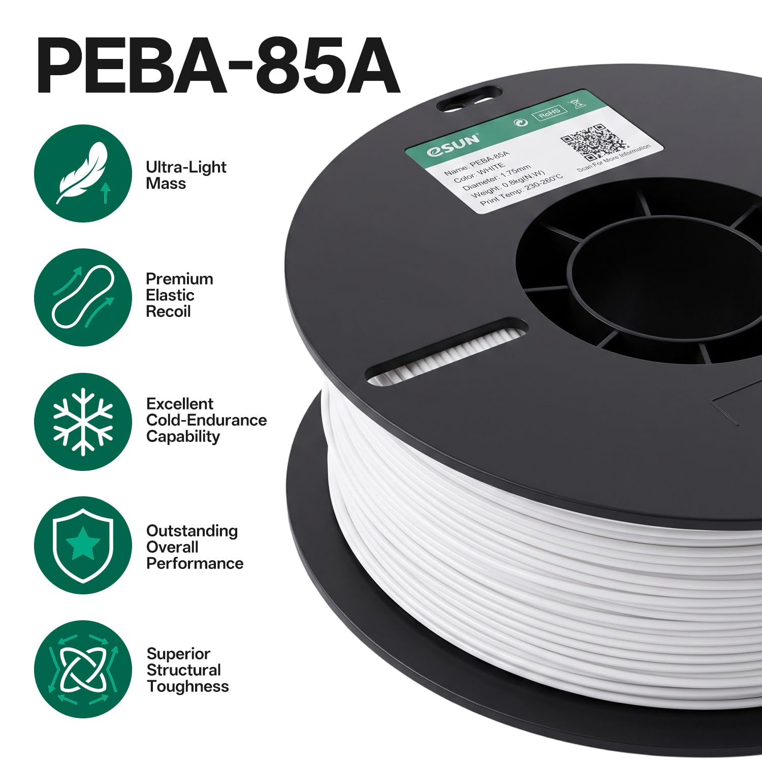 eSUN PEBA-85A Filament 3D Flexible 1.75 mm 0.8KG pour Imprimantes 3D, Gris