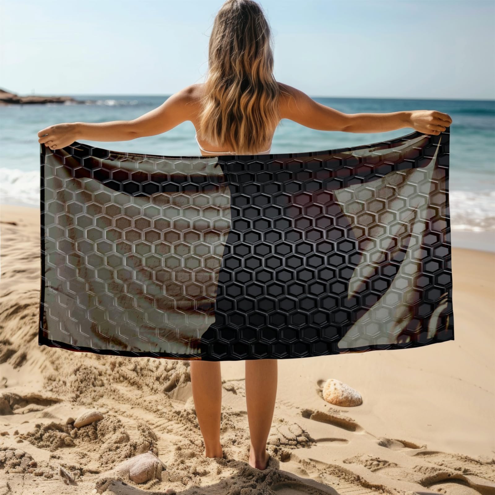 Telo Mare Grande Modello Geometrico Nero | Microfibra Telo Mare Antisabbia Leggero Compatto Asciugatura Rapida Assorbente Per Piscina Bagno Lavabile Fino
