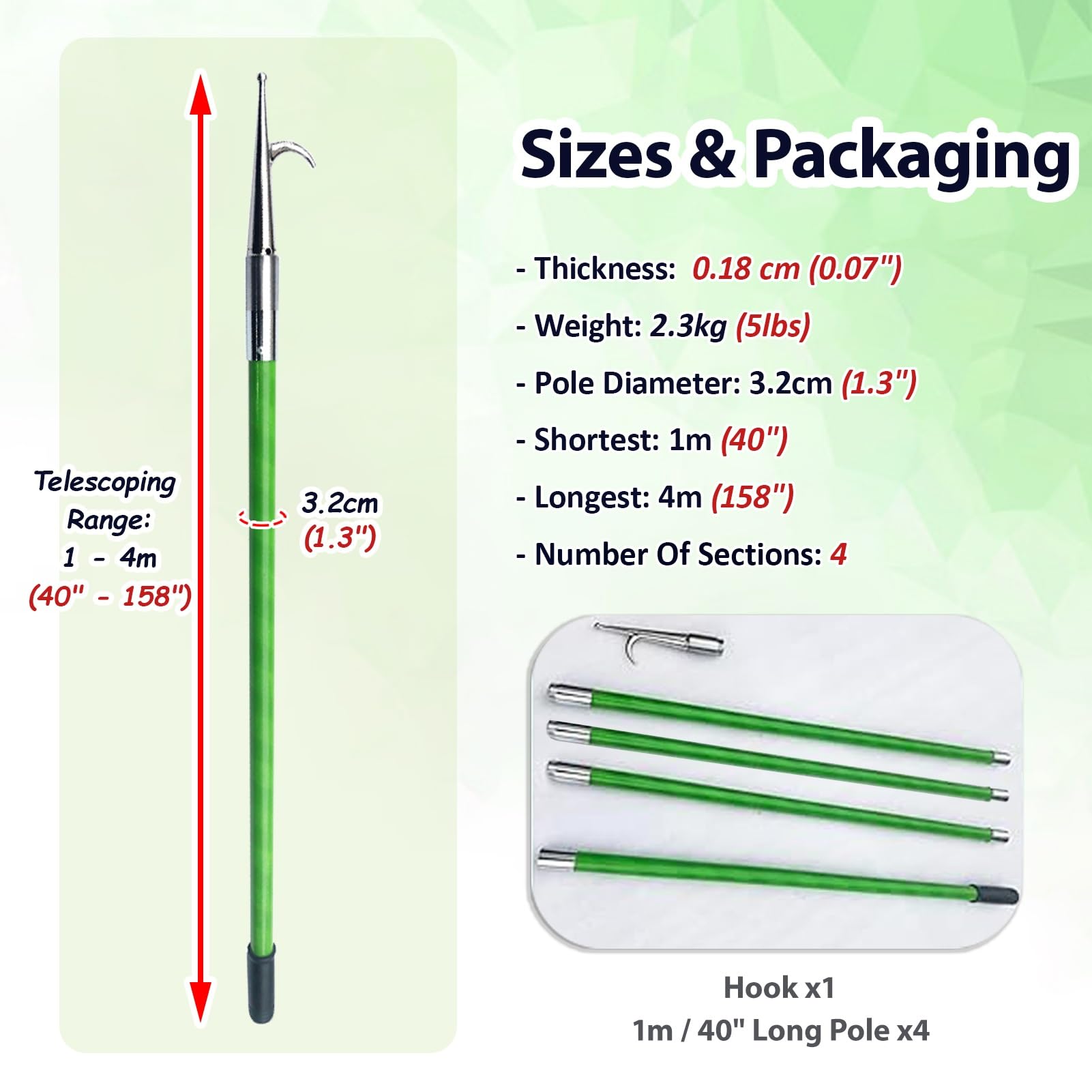 Mezzo Marinaio per Barca Gancio per Fune da 1 a 4 m per Impieghi Gravosi, Asta per Gancio per Barche per Spingere e Tirare, Pali per Barche per Installare Luci Mangiatoie(1-4m/40"-158")