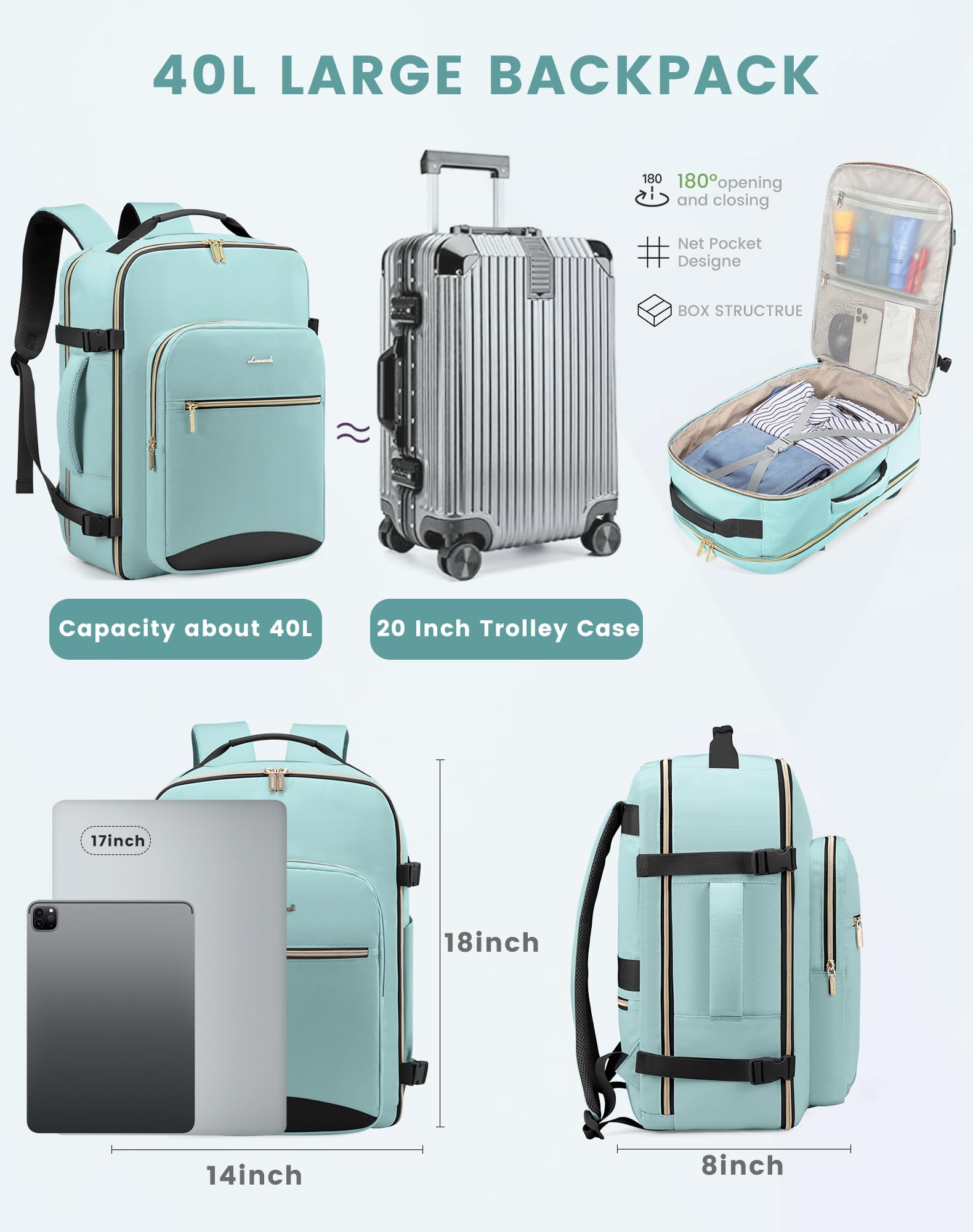 LOVEVOOK Zaino da Viaggio Aereo Bagaglio a Mano, Impermeabile Zaini Trolley Bagaglio Donna 40L Cabin Max per Ryanair Easyjet, Grande Zaino Porta PC 17 Pollici Valigia Borsa a Zainetto