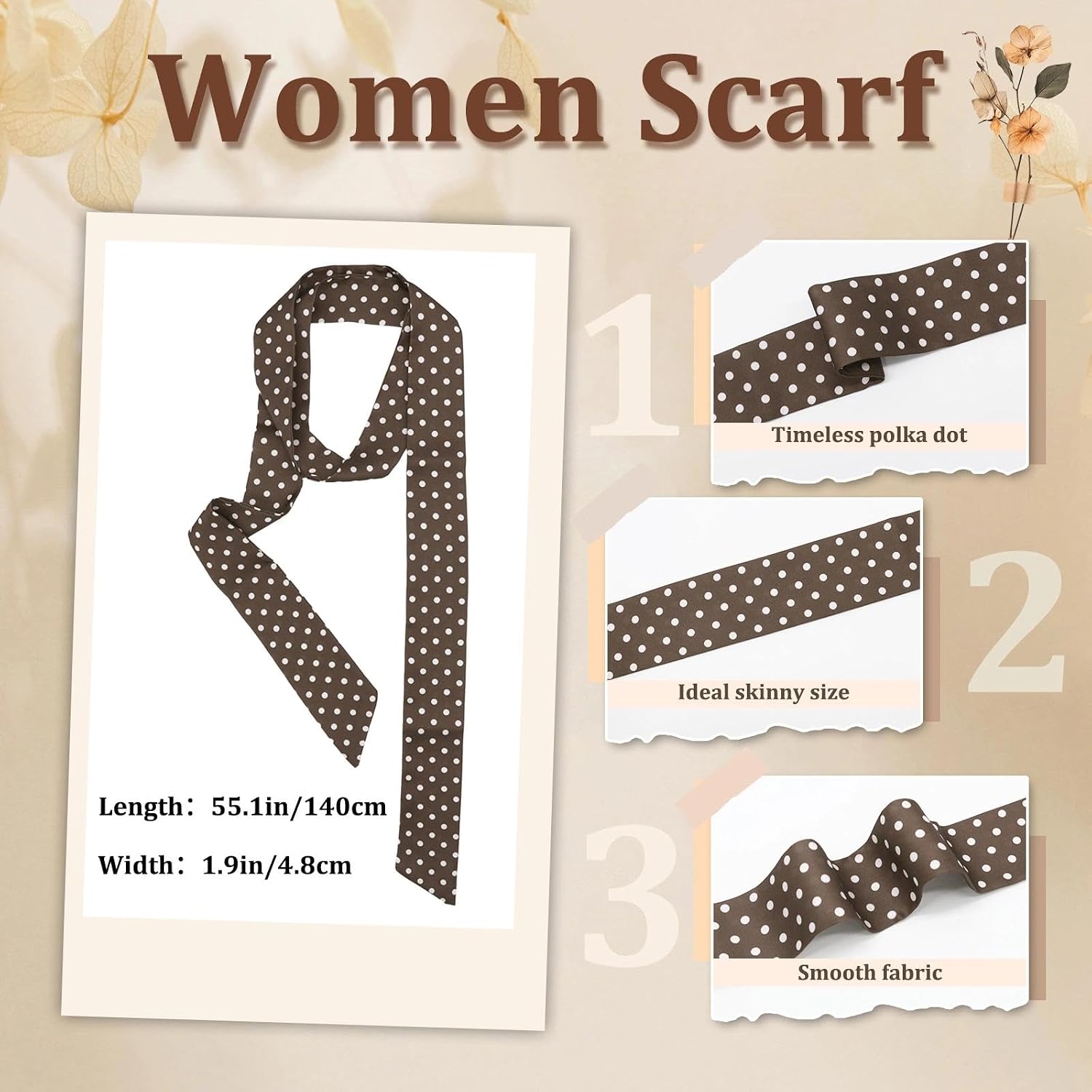 Skinny Scarf for Women, Polka Dot Womens Scarf for Work Party Daily | Long Women's Scarves, Lightweight, 55.1 × 1.9 inches, Smooth Fabric, Multiple Colors, Vintage Style, Headband, Belt, Banquet