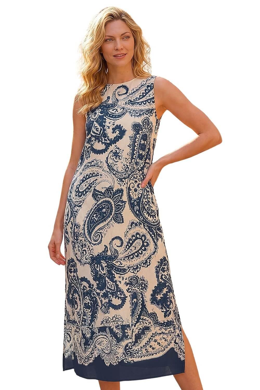 Roman Women's Navy Paisley Print Midi Dress In | : Size 18