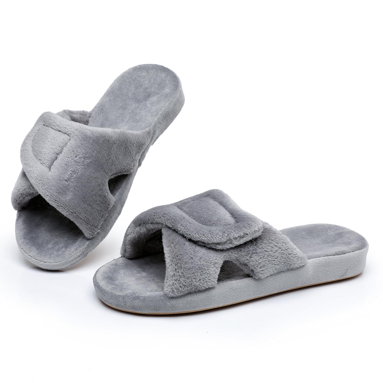 Git-up Women's Adjustable Diabetic Slippers Memory Foam House Shoes Cozy Arch Support Orthotic Heel Cup Arthritis Edema Slippers Non Slip Rubber Sole, Open Toe Fuzzy Slide Sandals for Ladies