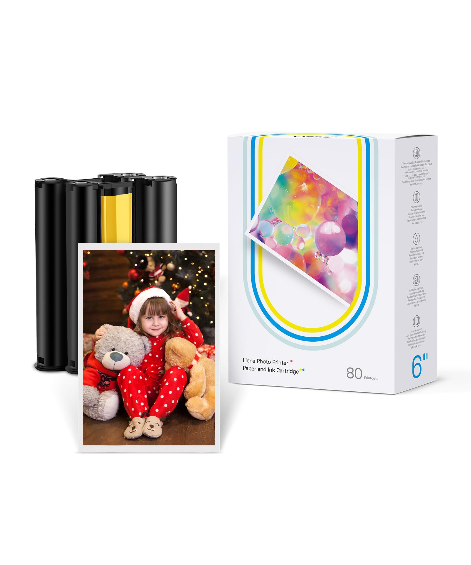 Liene Amber M100/M200 4x6 Photo Printer 80 Photo Paper & 2 Ink Cartridges Refill, Sublimation, Anti-Hydroxide for Liene DHP512 and DHP513 Printers for Display, Framing, Scrapbooking