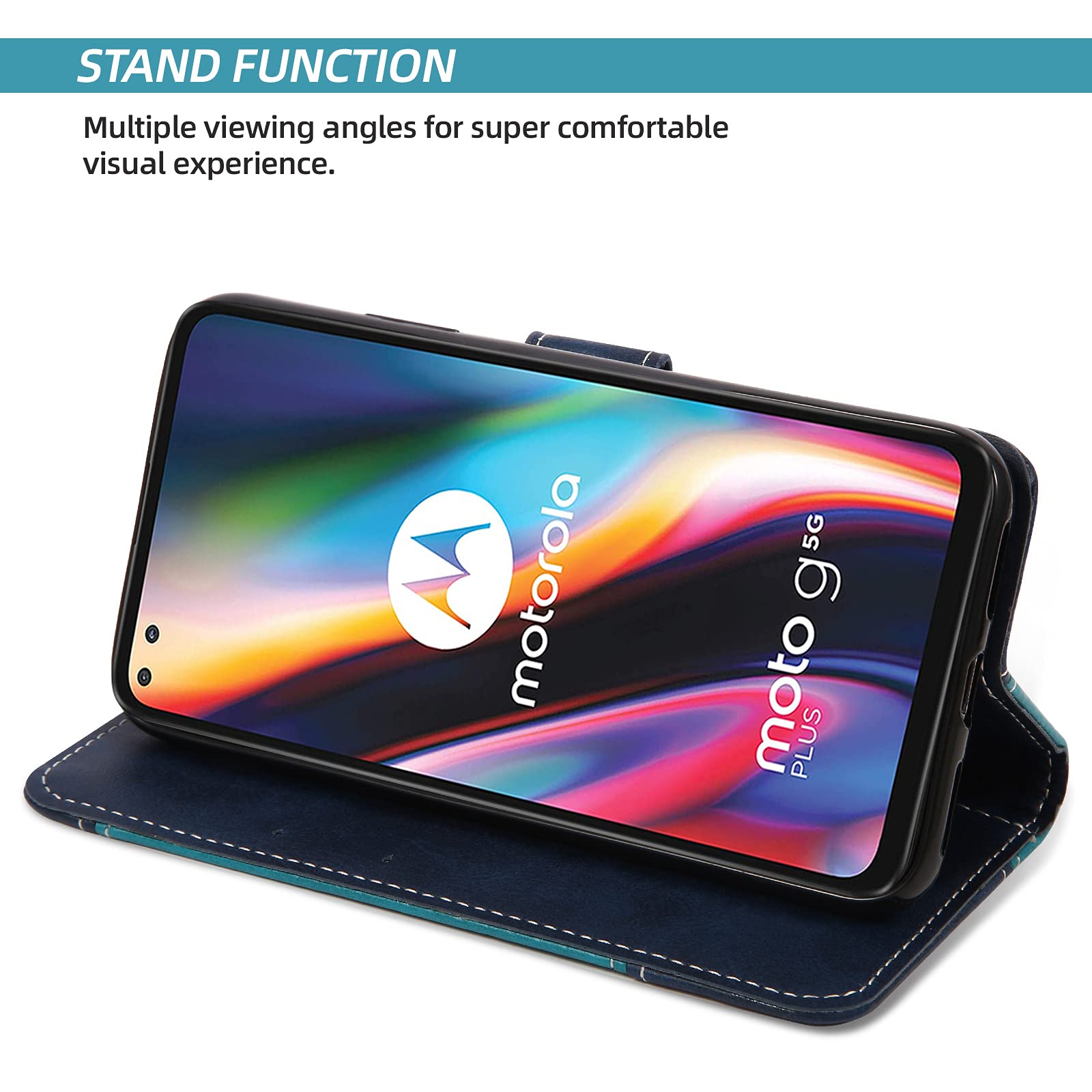BoxTii Cover per Moto G 5G Plus/Moto One 5G, Custodia in PU Pelle Portafoglio, Magnetica Cover a Libro con Slot per Schede, Blu