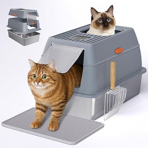 Stainless Steel Litter Box with Lid, 6” Deep Pan, Extra Large Litter Box for Big Cats, Anti-Leakage, Odor Free, Front & Top Dual Entry, Includes Litter Mat & Metal Scoop