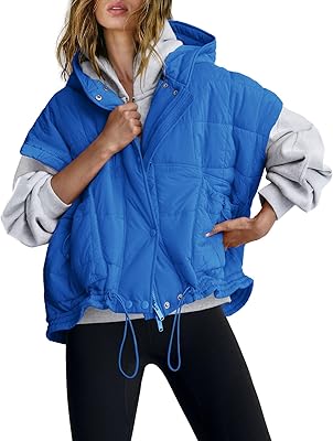 SENSERISE Womens Oversized Puffer Vest Sleeveless Quilted Jacket Zip Up Hooded Puffy Vest Ponchos Coats with Pockets