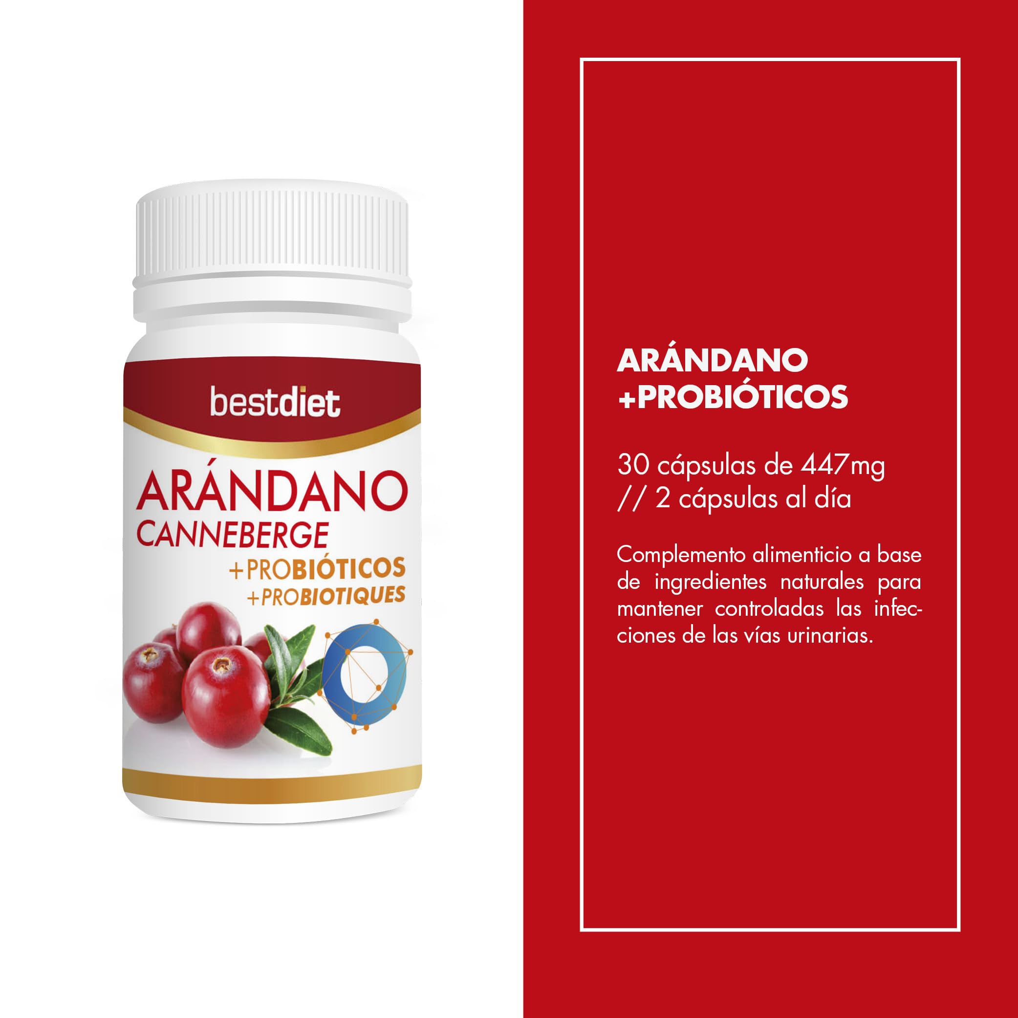 Arándano Rojo + Probiótico 30 Cápsulas (Pack de 3) – Con Extracto de Arándano Rojo y Lactobacillus Plantarum Tindalizado – Complemento Alimenticio para el Bienestar Diario – Bestdiet