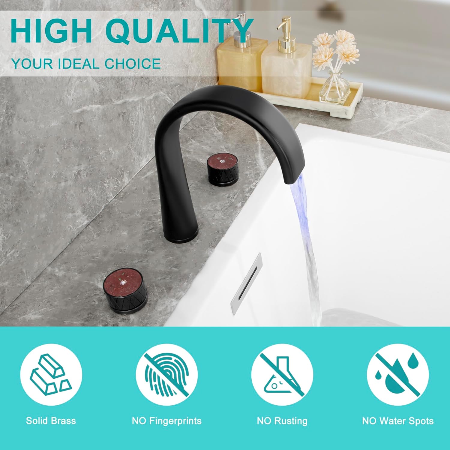SKOWLL Bathtub Faucet Set 3 Hole High Flow Roman Tub Faucet with Lights, Widespread 2 Jade Handle Garden Tub Faucet, High Arc Waterfall Spout 360° Swivel, Matte Black