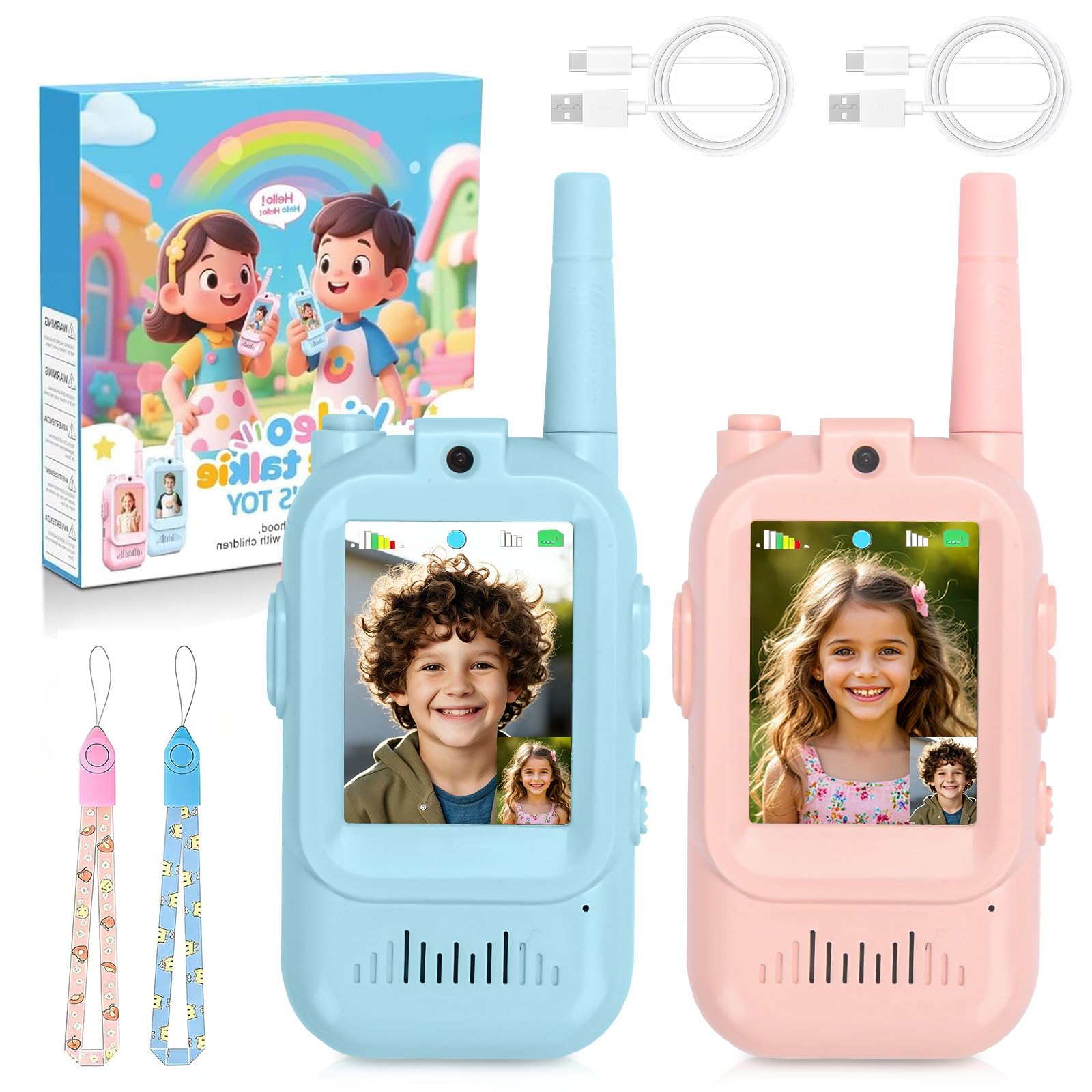 Video Walkie Talkies for Kids, 2 Pack Pink+Blue Rechargeable Walkie Talkies with Camera & Voice Changer, Indoor Outdoor Toys Easter Birthday Gifts for Boys and Girls