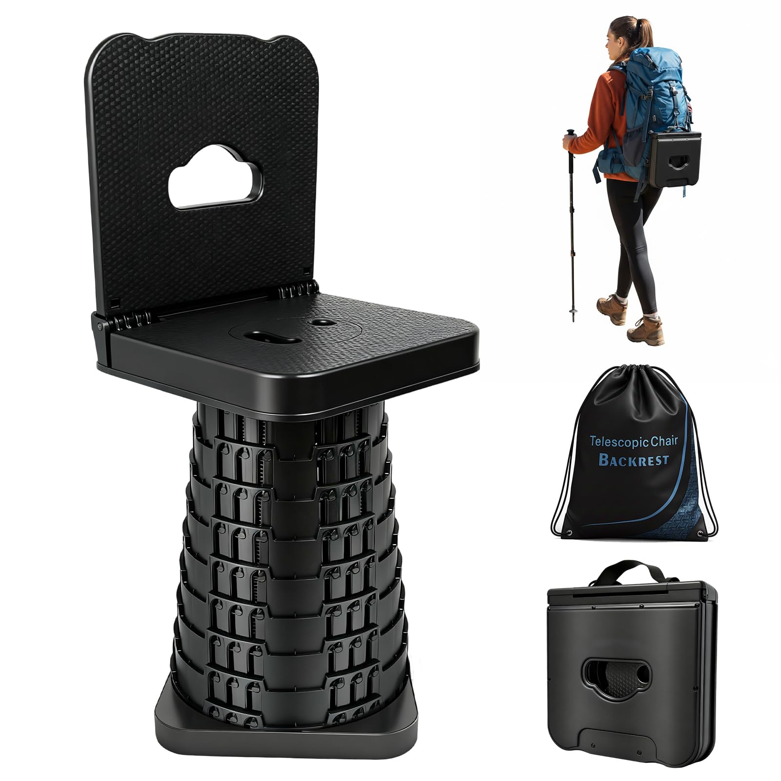 Tabouret Pliant Portable amélioré avec Dossier, siège télescopique Pliable pour Adultes Le Camping, la pêche, la randonnée, Les barbecues, Hauteur 45 cm (Tabouret avec Dossier)
