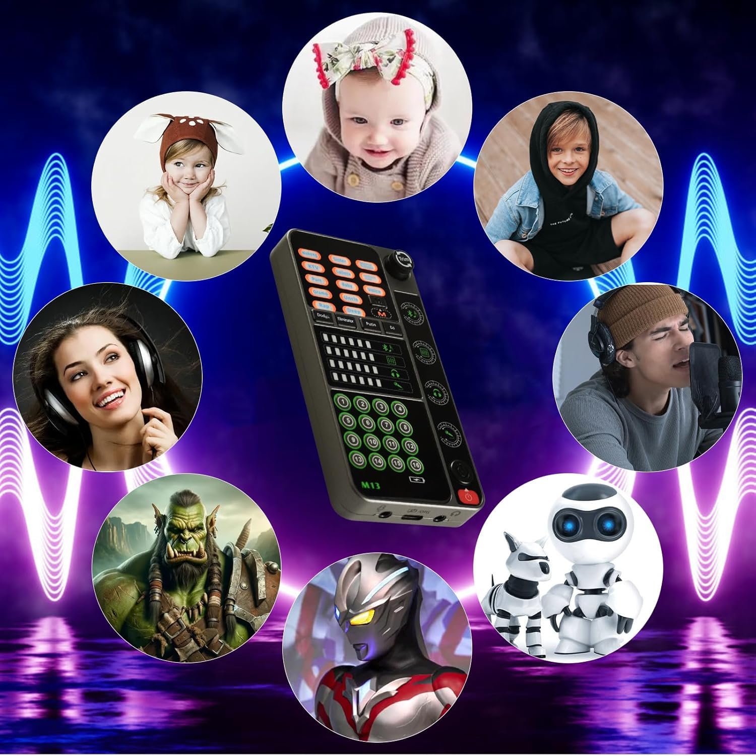 Flylin Changeur de voix portable microphone modulateur 16 effets sonores enregistrement jeu