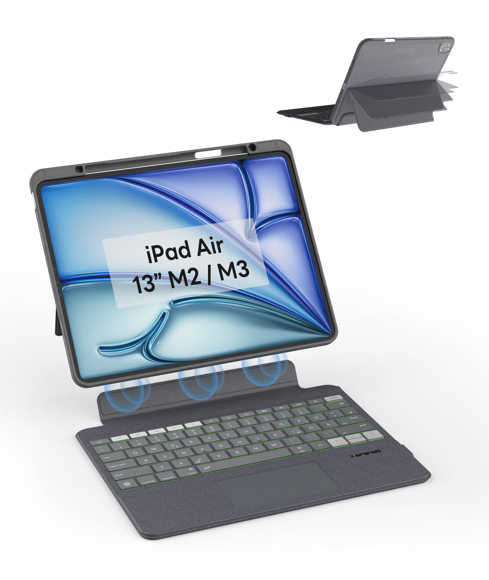 eip Bluetooth-Tastaturhülle für iPad Air 13" M3 (2025) / M2 (2024), magnetisch abnehmbar mit Trackpad, 7-farbig beleuchtete Tasten, Stylus-Shortcuts, schlankes Schutz-Design, kabellos