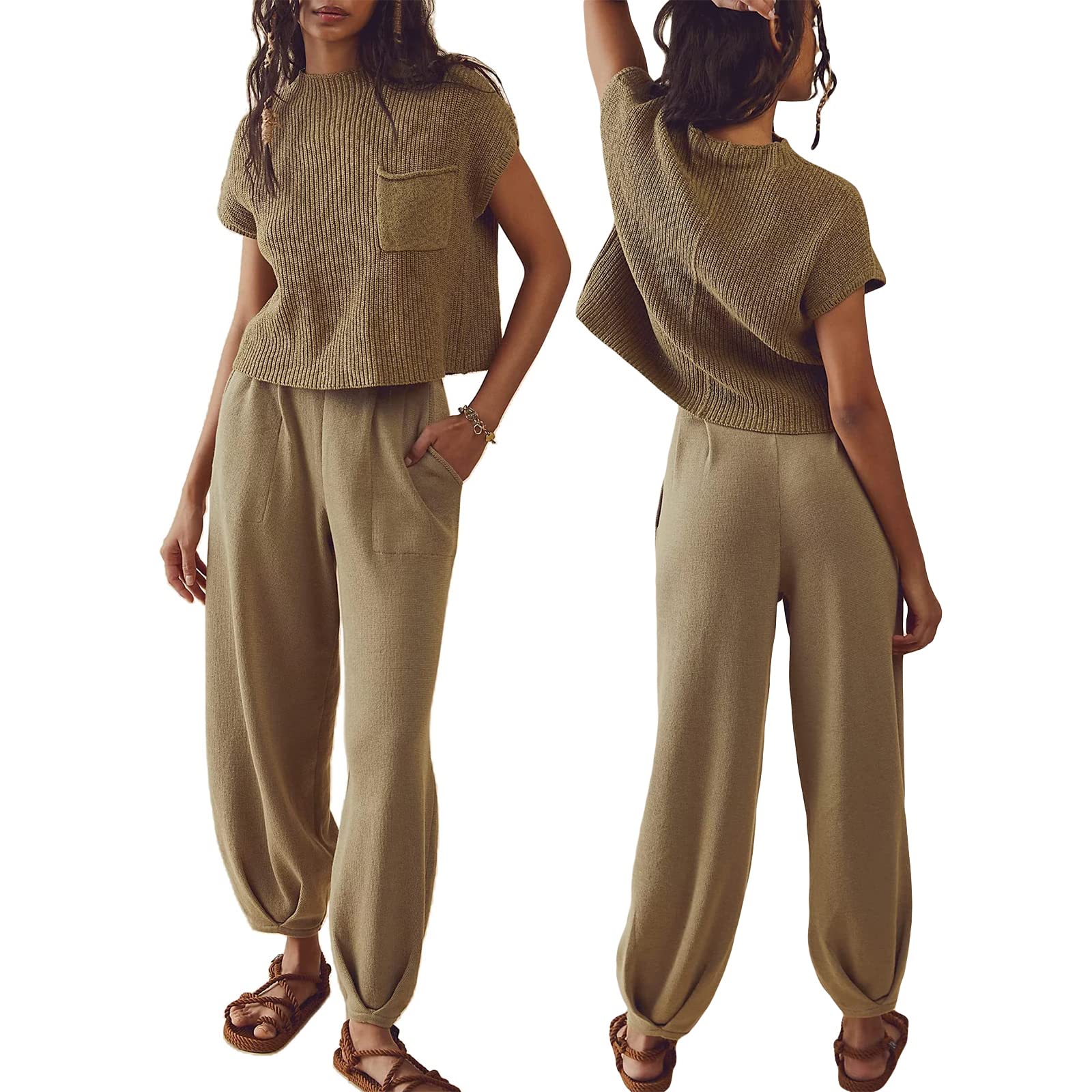 Women Summer 2 Pieces Outfits Ruched Strapless Wrap Chest Backless Tube Tops Wide-Leg Long Pants Set Sleeveless Tank Top+Flared Trousers Suit with Pockets