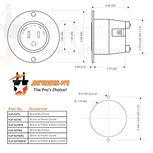 Miniatura 4 de Journeyman-Pro 5279 15 Amp 120-125 voltios, salida con brida NEMA 5-15, grado comercial blanco, 2 polos-3 cables, receptáculo de cargador de enchufe