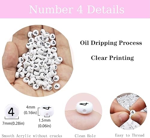 Miniatura 2 de 200 cuentas blancas del número 4 para pulseras, cuentas acrílicas de un solo número, 4 cuentas, 0.157 x 0.276 in, cuentas planas y redondas de