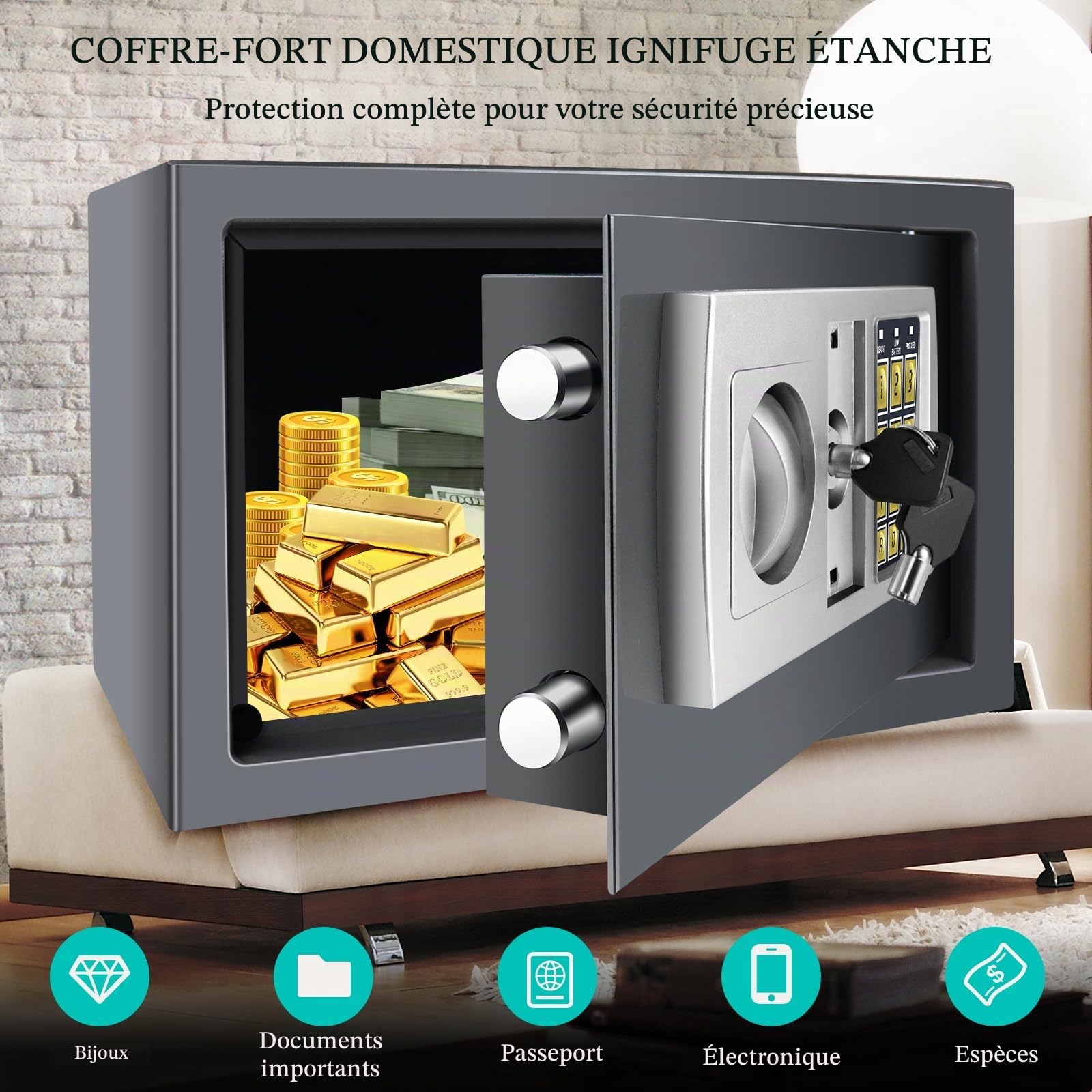Coffre-fort électronique numérique avec 2 clés, haute sécurité, gris, avec clavier numérique, 31 x 20 x 20 cm (8,5 l)