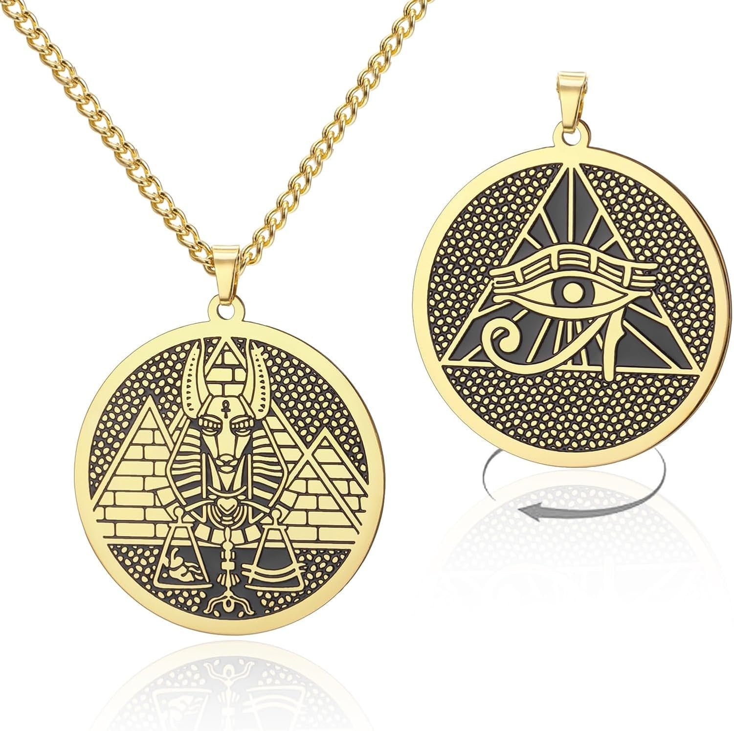 HURUMA Stainless Steel Egyptian Ankh Eye of Horus Anubis Pendant Necklace Pyramid Medallion Amulet Protection Jewelry for Men Women, Gold