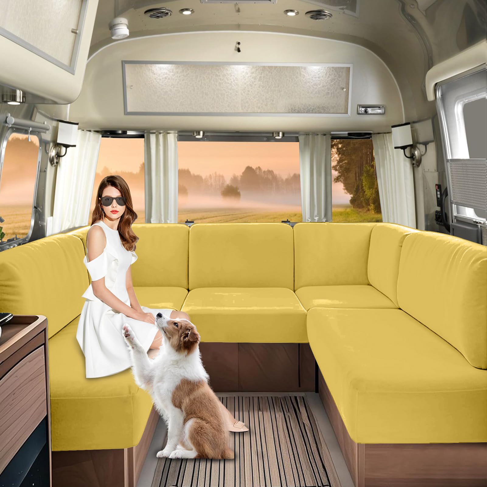 SHUOJIA Caravan Seat Covers Velvet, Motorhome Seat Cover with Elastic-band and Lacing, RV Sofa Cushion Cover for camper Washable（Yellow-W160-220 cm,D65-95 cm）