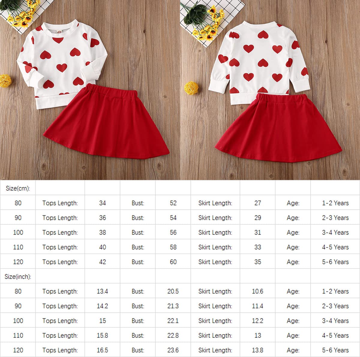 LXXIASHI 2PCS Baby Girl Valentine's Day Outfits Set Long Sleeve Heart Shape Sweatshirt + A-Line Skirt (White Red, 5-6Y)