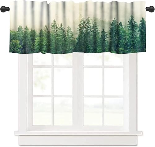 Cortinas de cenefa de bosque natural, niebla verde brumosa, cenefas mágicas de arte de montaña para dormitorio, cenefa de ventana para cocina, baño,