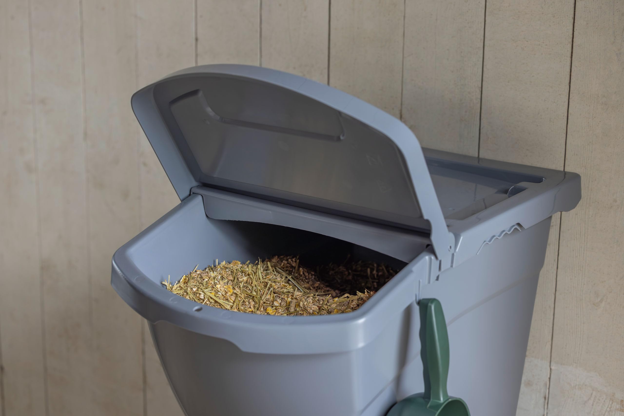 Kerbl Pojemnik na karmę można układać w stos, z pokrywką – 40 litrów (wymiary 57,8 x 39 x 34,5 cm, waga 0,22 kg, kolor szary, tworzywo sztuczne) 3210252