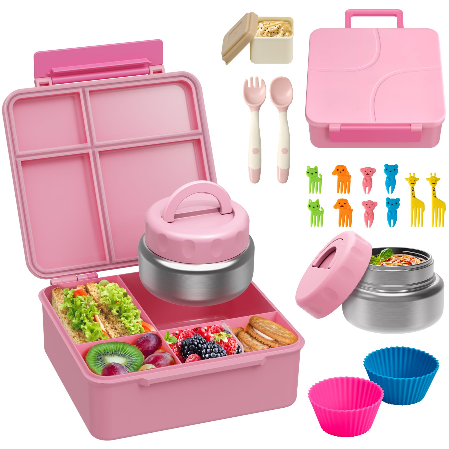 Bento Lunch Box with 9 5 oz Soup Thermo Kids Leakproof 4 Compartments Bento Box with Silicone Cupcake