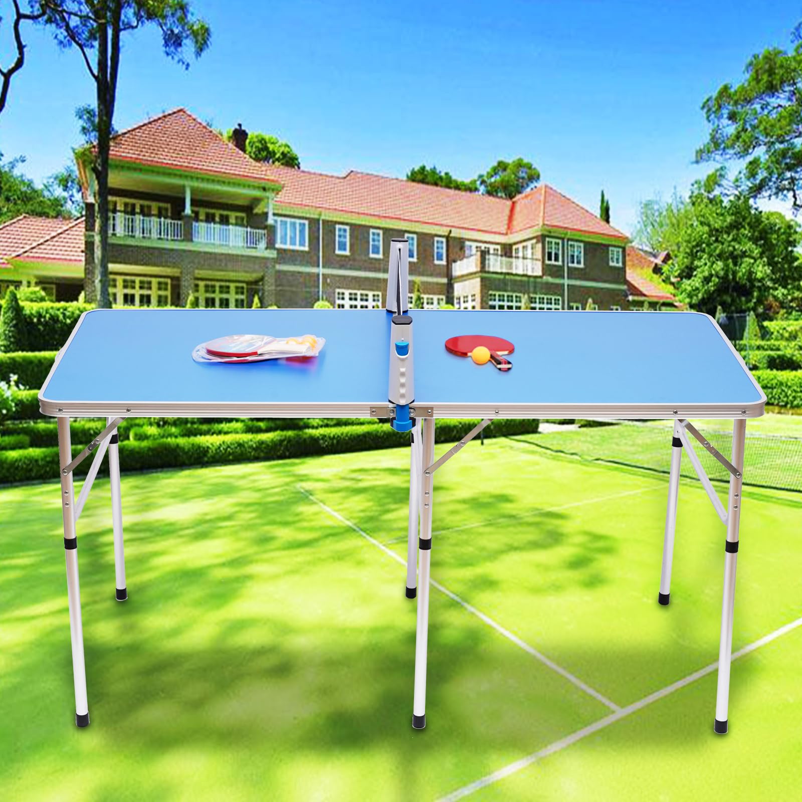 Tavolo da ping pong pieghevole per interni, mini tavolo da ping-pong tavolo da ping pong con rete, 2 racchette e 3 palline per casa, giardino, blu